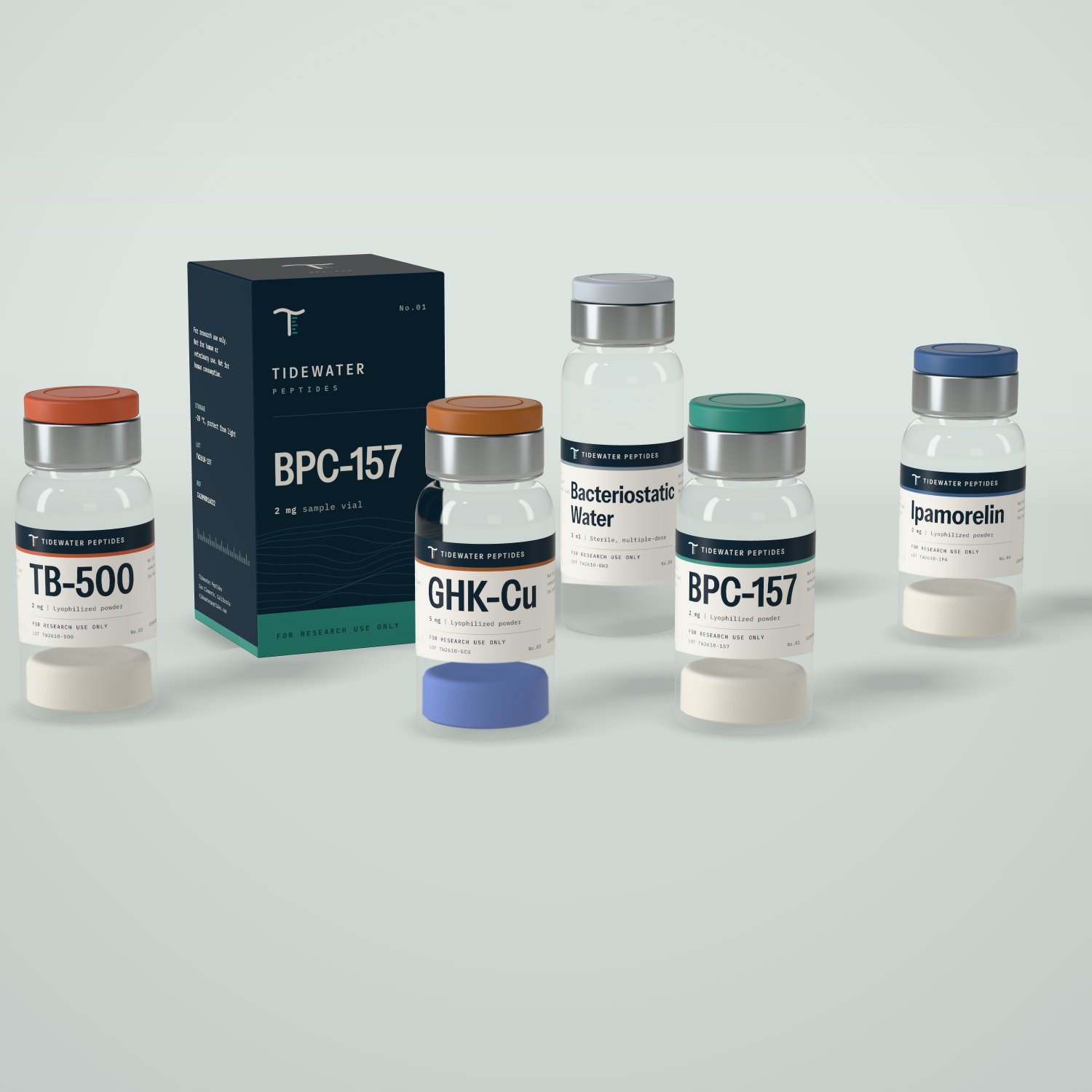Tidewater sample vials for BPC-157, TB-500, GHK-Cu, Ipamorelin and bacteriostatic water beside a navy BPC-157 carton