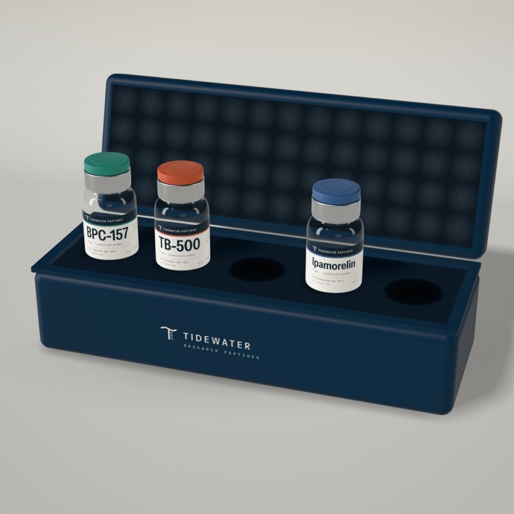 Tidewater five-place vial storage case holding BPC-157, TB-500 and Ipamorelin vials